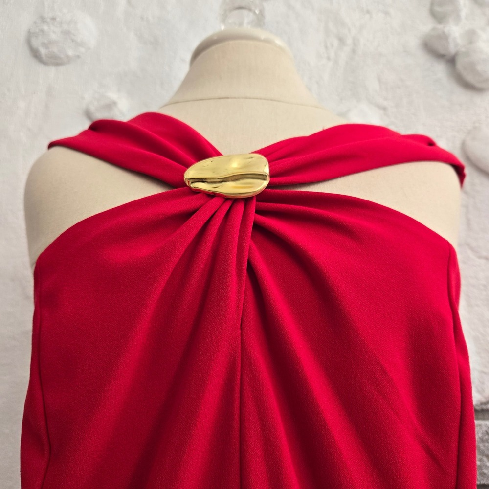 Elegant Red Halter Midi Dress with Gold Hardware Accent A-Line Formal Dress - Picture 4 of 16